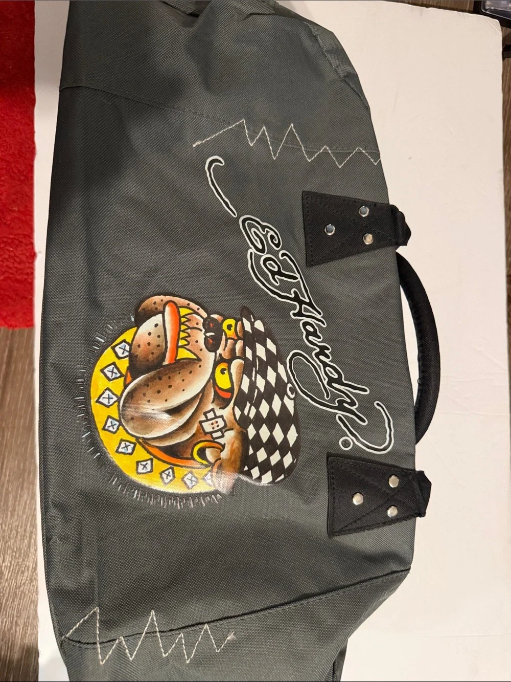 Ed Hardy Gray Duffel Bag with Colorful Bulldog Graphic